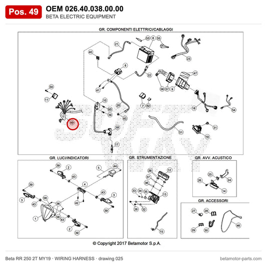 BETA ELECTRIC EQUIPMENT – OEM 026.40.038.00.00, position 49 on the Beta RR 250 2T MY19 wiring harness drawing