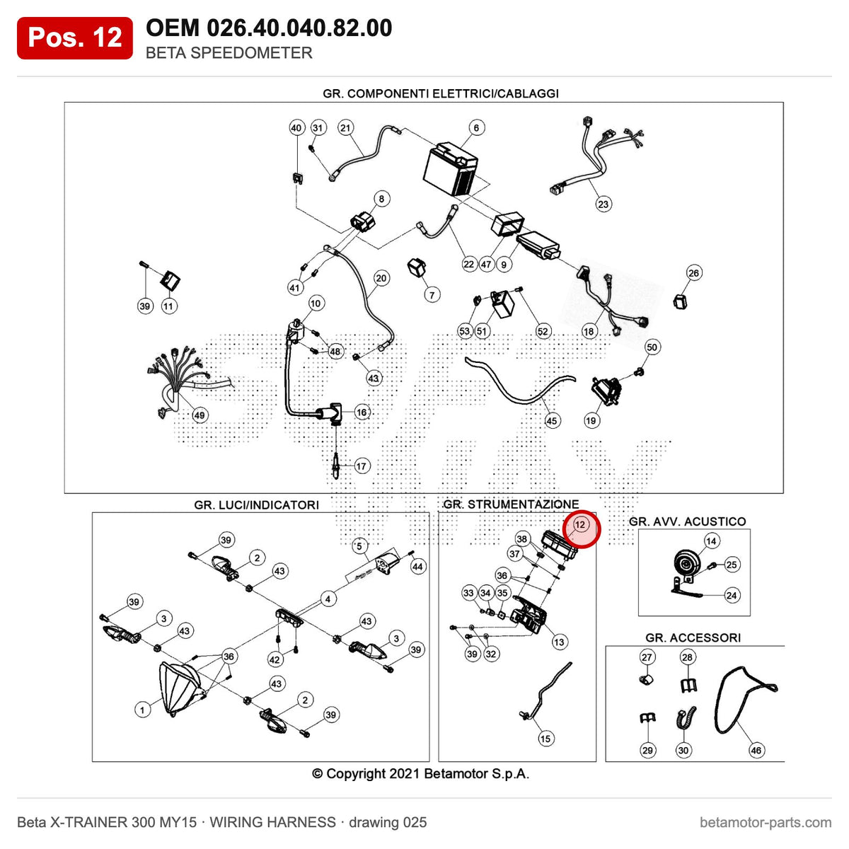 BETA SPEEDOMETER – OEM 026.40.040.82.00, position 12 on the Beta X-TRAINER 300 MY15 wiring harness drawing