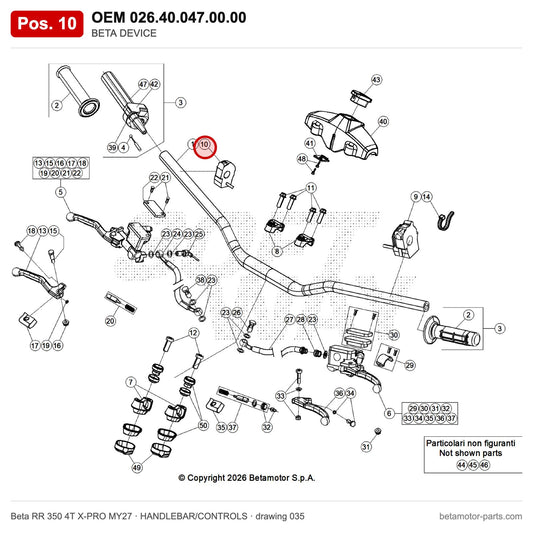 BETA DEVICE – OEM 026.40.047.00.00, position 10 on the Beta RR 350 4T X-PRO MY27 handlebar/controls drawing