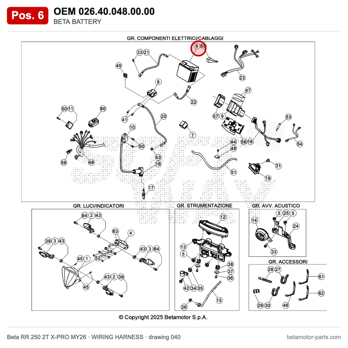 BETA BATTERY – OEM 026.40.048.00.00, position 6 on the Beta RR 250 2T X-PRO MY26 wiring harness drawing