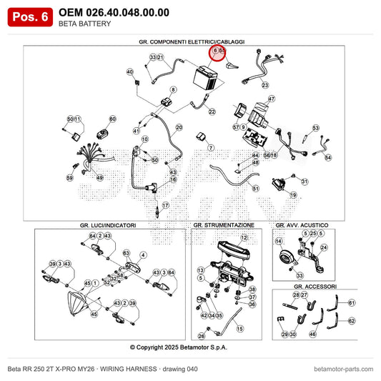 BETA BATTERY – OEM 026.40.048.00.00, position 6 on the Beta RR 250 2T X-PRO MY26 wiring harness drawing