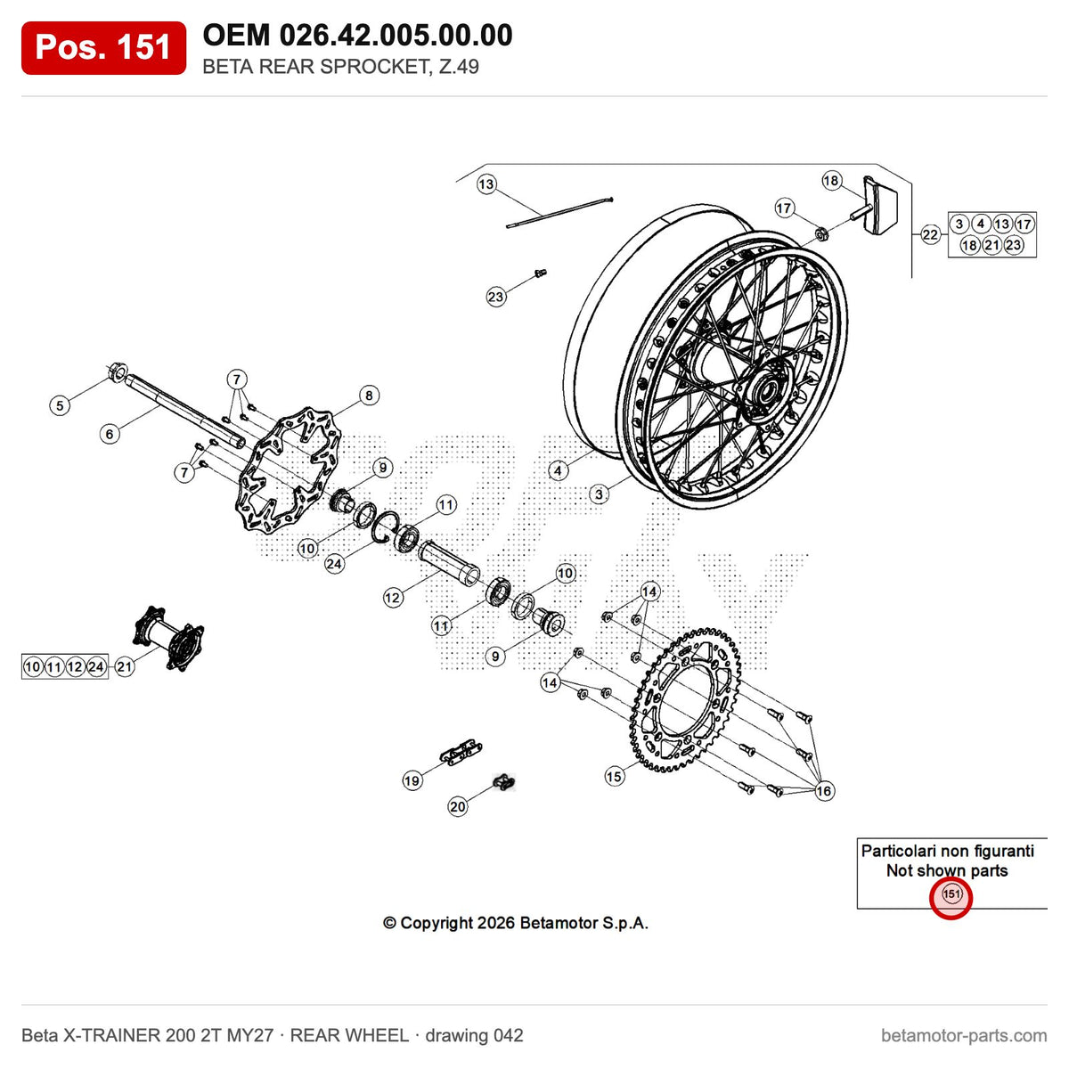 BETA REAR SPROCKET, Z.49 – OEM 026.42.005.00.00, position 151 on the Beta X-TRAINER 200 2T MY27 rear wheel drawing