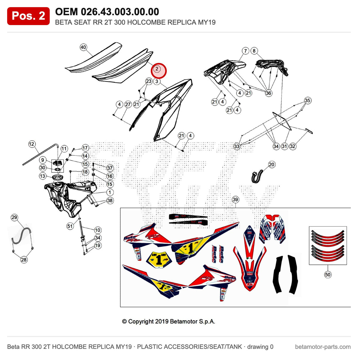 BETA SEAT RR 2T 300 HOLCOMBE REPLICA MY19 – OEM 026.43.003.00.00, position 2 on the Beta RR 300 2T HOLCOMBE REPLICA MY19 plastic accessories/seat/tank drawing