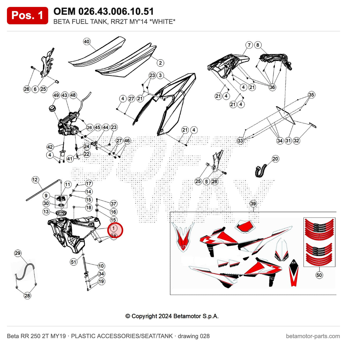 BETA FUEL TANK, RR2T MY'14 *WHITE* – OEM 026.43.006.10.51, position 1 on the Beta RR 250 2T MY19 plastic accessories/seat/tank drawing