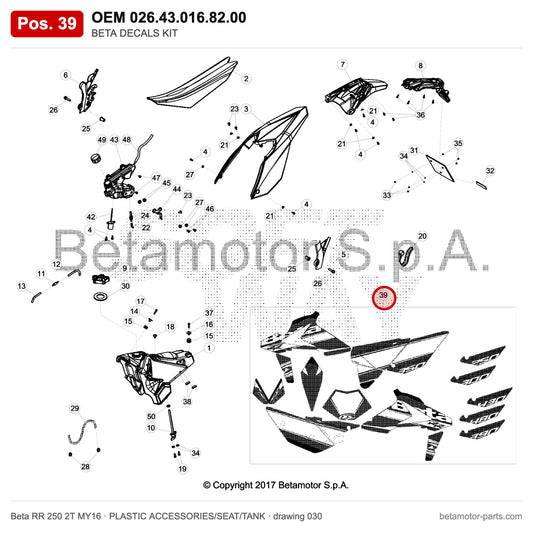 BETA DECALS KIT – OEM 026.43.016.82.00, position 39 on the Beta RR 250 2T MY16 plastic accessories/seat/tank drawing