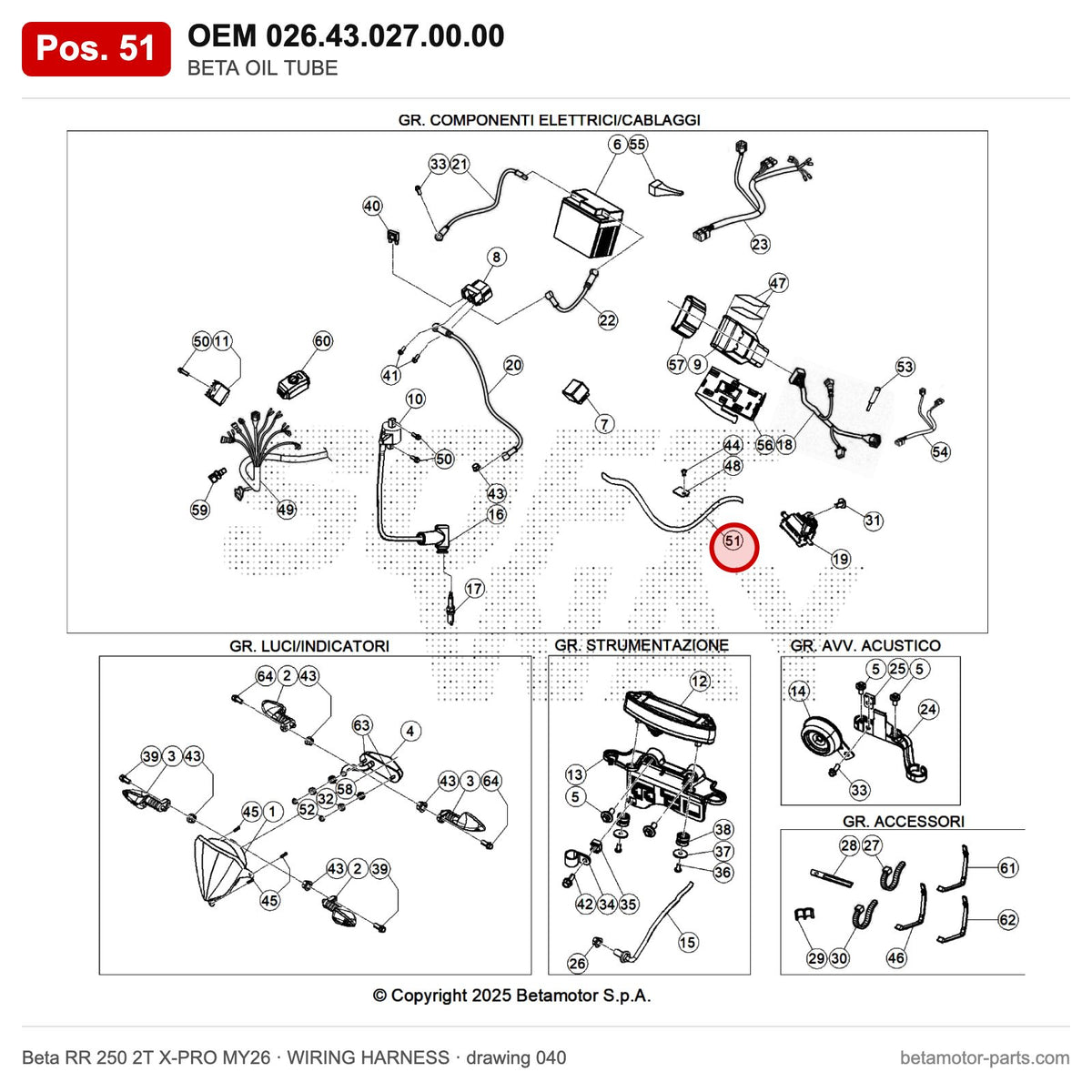 BETA OIL TUBE – OEM 026.43.027.00.00, position 51 on the Beta RR 250 2T X-PRO MY26 wiring harness drawing