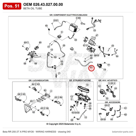 BETA OIL TUBE – OEM 026.43.027.00.00, position 51 on the Beta RR 250 2T X-PRO MY26 wiring harness drawing