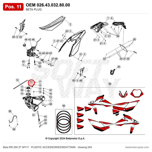 BETA PLUG – OEM 026.43.032.80.00, position 11 on the Beta RR 250 2T MY17 plastic accessories/seat/tank drawing