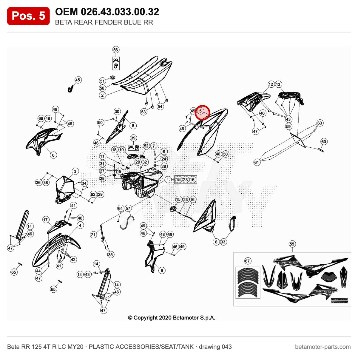 BETA REAR FENDER BLUE RR – OEM 026.43.033.00.32, position 5 on the Beta RR 125 4T R LC MY20 plastic accessories/seat/tank drawing