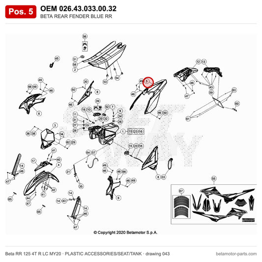 BETA REAR FENDER BLUE RR – OEM 026.43.033.00.32, position 5 on the Beta RR 125 4T R LC MY20 plastic accessories/seat/tank drawing