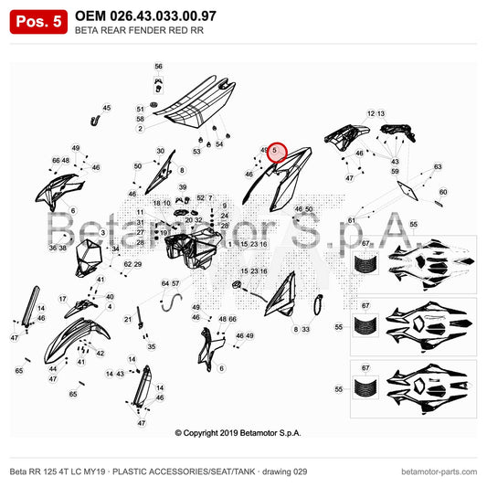 BETA REAR FENDER RED RR – OEM 026.43.033.00.97, position 5 on the Beta RR 125 4T LC MY19 plastic accessories/seat/tank drawing
