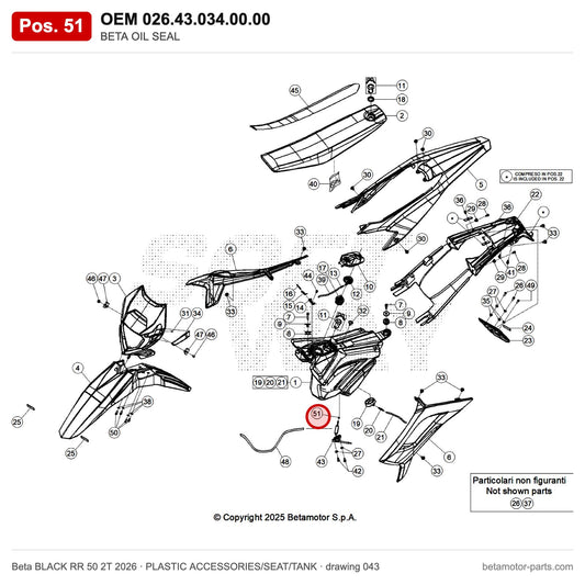 BETA OIL SEAL – OEM 026.43.034.00.00, position 51 on the Beta BLACK RR 50 2T 2026 plastic accessories/seat/tank drawing