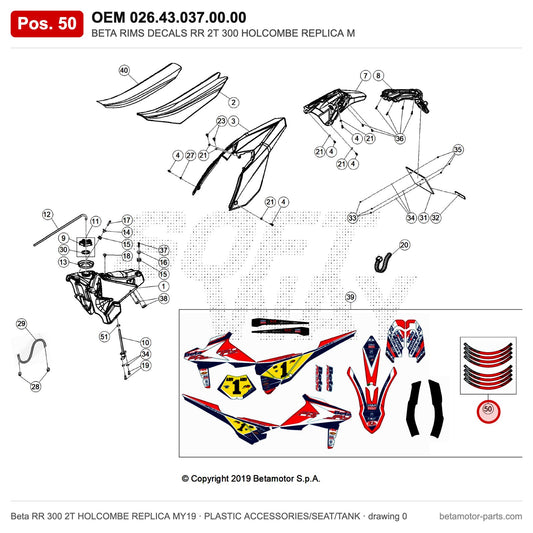 BETA RIMS DECALS RR 2T 300 HOLCOMBE REPLICA M – OEM 026.43.037.00.00, position 50 on the Beta RR 300 2T HOLCOMBE REPLICA MY19 plastic accessories/seat/tank drawing