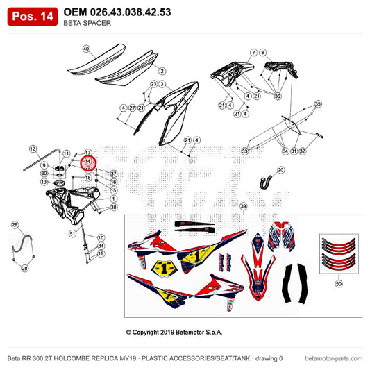 BETA SPACER – OEM 026.43.038.42.53, position 14 on the Beta RR 300 2T HOLCOMBE REPLICA MY19 plastic accessories/seat/tank drawing