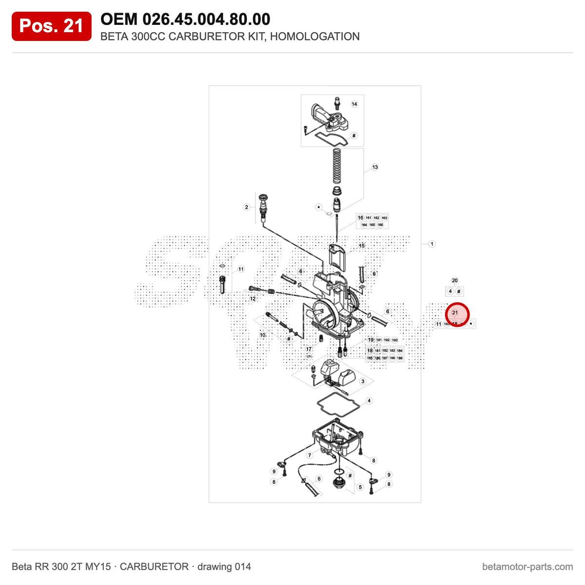 BETA 300CC CARBURETOR KIT, HOMOLOGATION – OEM 026.45.004.80.00, position 21 on the Beta RR 300 2T MY15 carburetor drawing