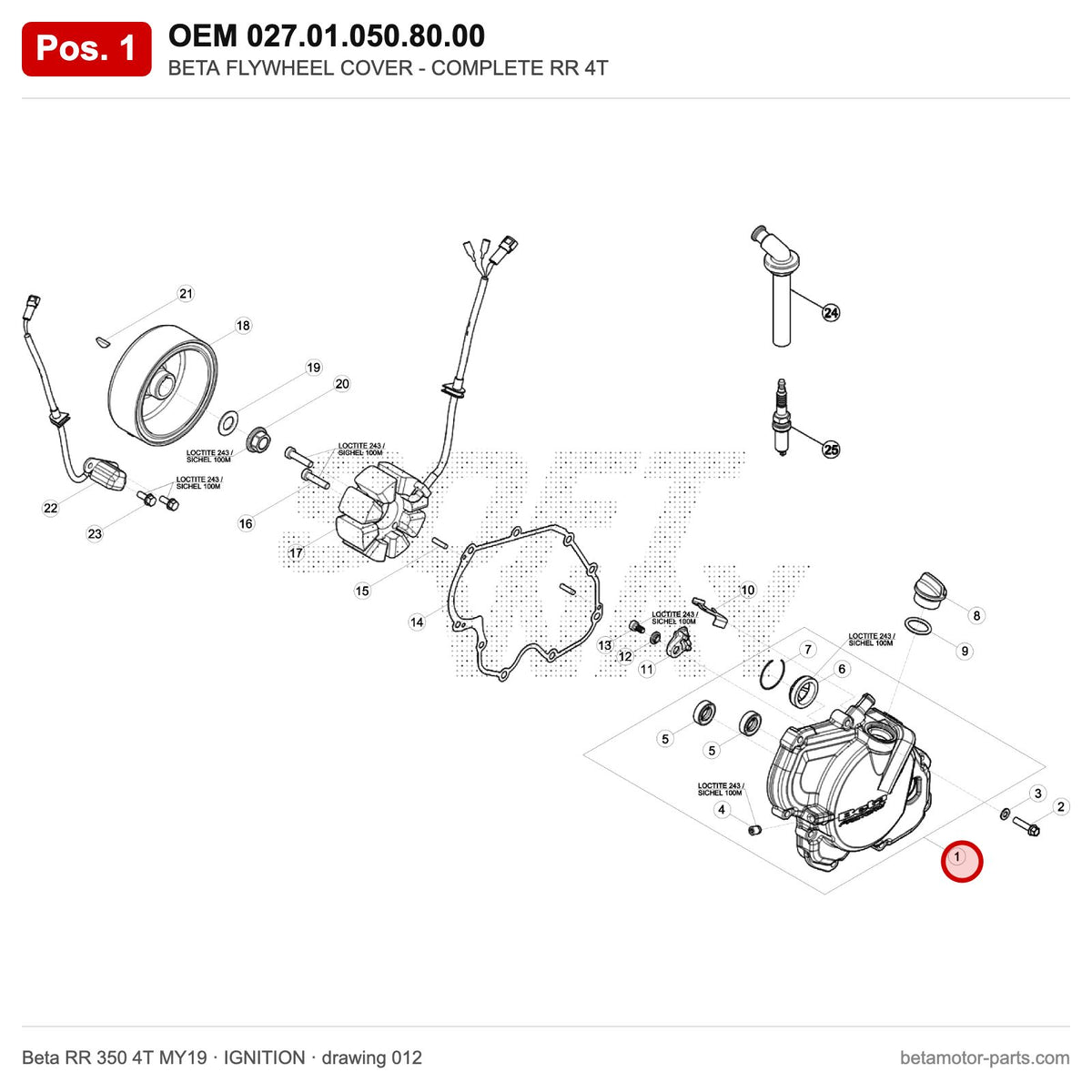 BETA FLYWHEEL COVER - COMPLETE RR 4T – OEM 027.01.050.80.00, position 1 on the Beta RR 350 4T MY19 ignition drawing