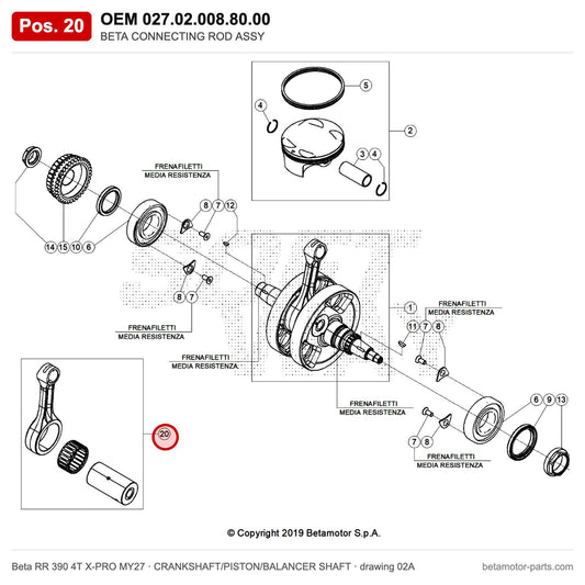 BETA CONNECTING ROD ASSY – OEM 027.02.008.80.00, position 20 on the Beta RR 390 4T X-PRO MY27 crankshaft/piston/balancer shaft drawing