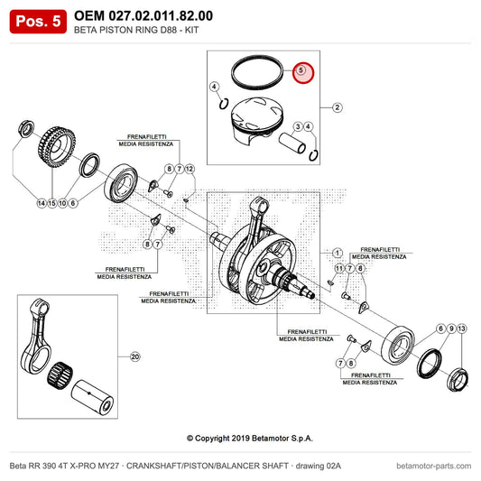 BETA PISTON RING D88 - KIT – OEM 027.02.011.82.00, position 5 on the Beta RR 390 4T X-PRO MY27 crankshaft/piston/balancer shaft drawing