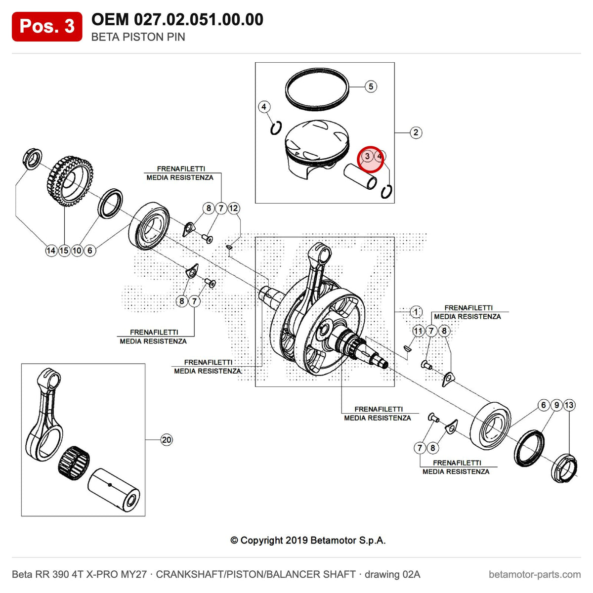 BETA PISTON PIN – OEM 027.02.051.00.00, position 3 on the Beta RR 390 4T X-PRO MY27 crankshaft/piston/balancer shaft drawing