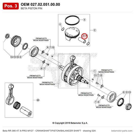BETA PISTON PIN – OEM 027.02.051.00.00, position 3 on the Beta RR 390 4T X-PRO MY27 crankshaft/piston/balancer shaft drawing