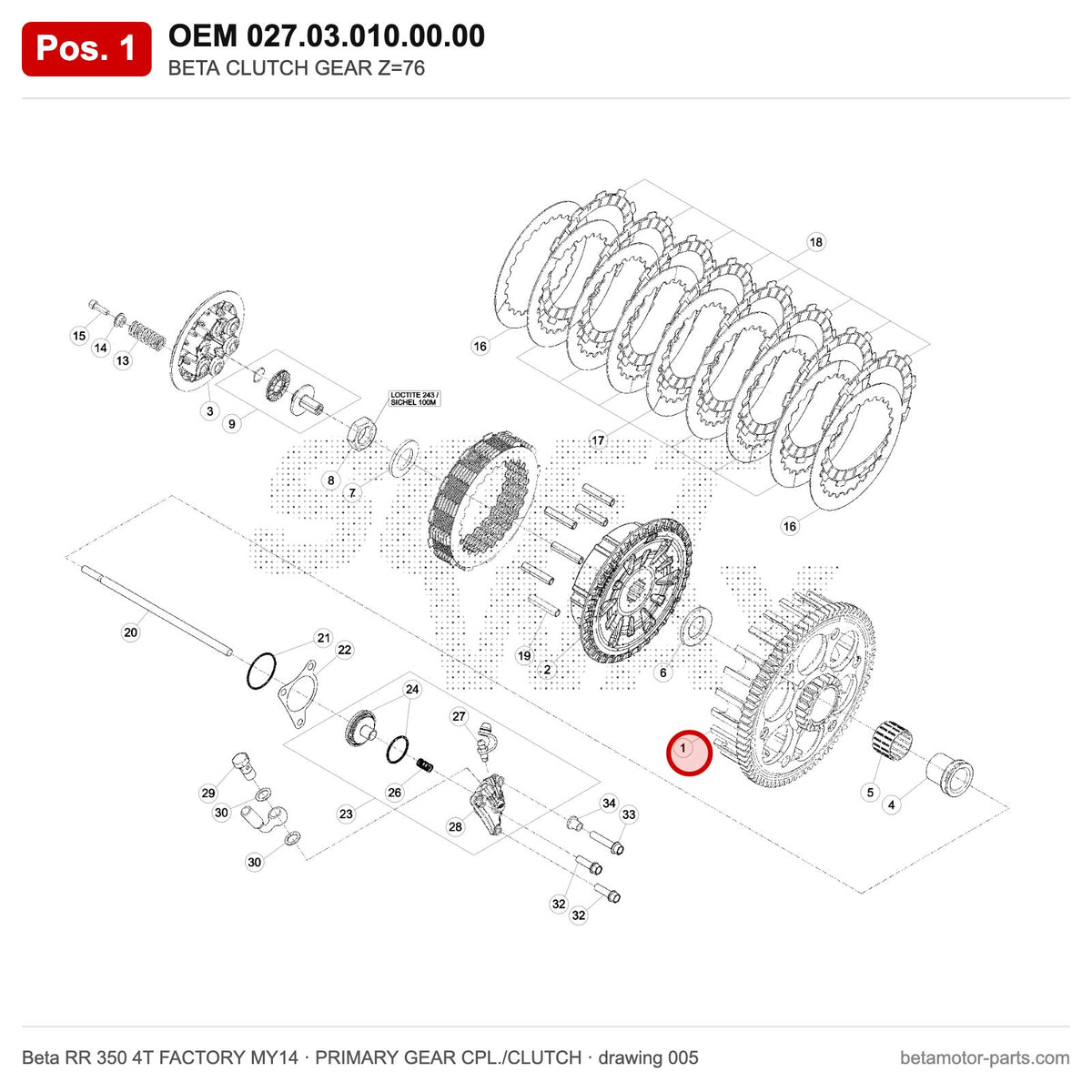 BETA CLUTCH GEAR Z=76 – OEM 027.03.010.00.00, position 1 on the Beta RR 350 4T FACTORY MY14 primary gear cpl./clutch drawing