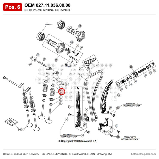 BETA VALVE SPRING RETAINER – OEM 027.11.036.00.00, position 6 on the Beta RR 350 4T X-PRO MY27 cylinder/cylinder head/valvetrain drawing