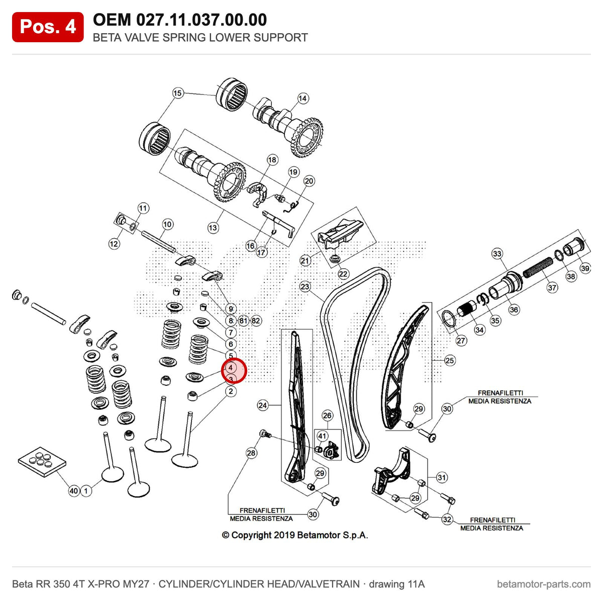 BETA VALVE SPRING LOWER SUPPORT – OEM 027.11.037.00.00, position 4 on the Beta RR 350 4T X-PRO MY27 cylinder/cylinder head/valvetrain drawing