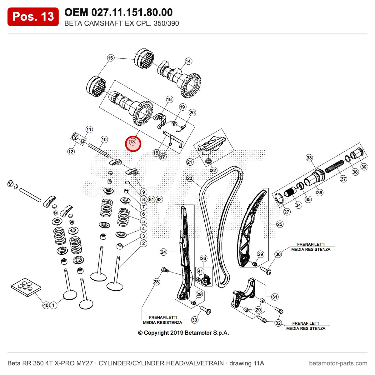 BETA CAMSHAFT EX CPL. 350/390 – OEM 027.11.151.80.00, position 13 on the Beta RR 350 4T X-PRO MY27 cylinder/cylinder head/valvetrain drawing