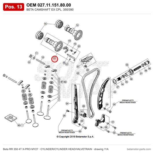 BETA CAMSHAFT EX CPL. 350/390 – OEM 027.11.151.80.00, position 13 on the Beta RR 350 4T X-PRO MY27 cylinder/cylinder head/valvetrain drawing