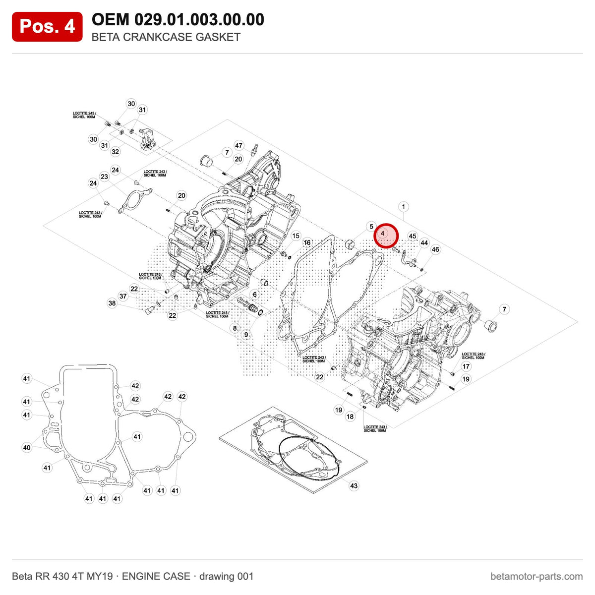 BETA CRANKCASE GASKET – OEM 029.01.003.00.00, position 4 on the Beta RR 430 4T MY19 engine case drawing