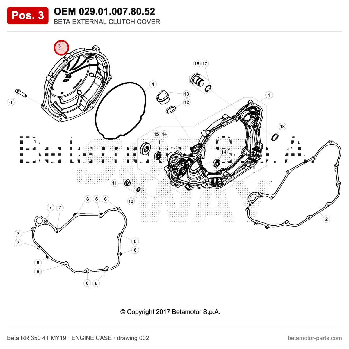 BETA EXTERNAL CLUTCH COVER – OEM 029.01.007.80.52, position 3 on the Beta RR 350 4T MY19 engine case drawing