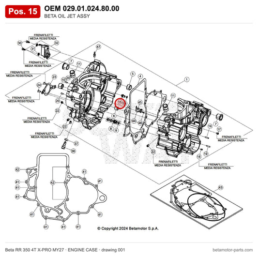 BETA OIL JET ASSY – OEM 029.01.024.80.00, position 15 on the Beta RR 350 4T X-PRO MY27 engine case drawing