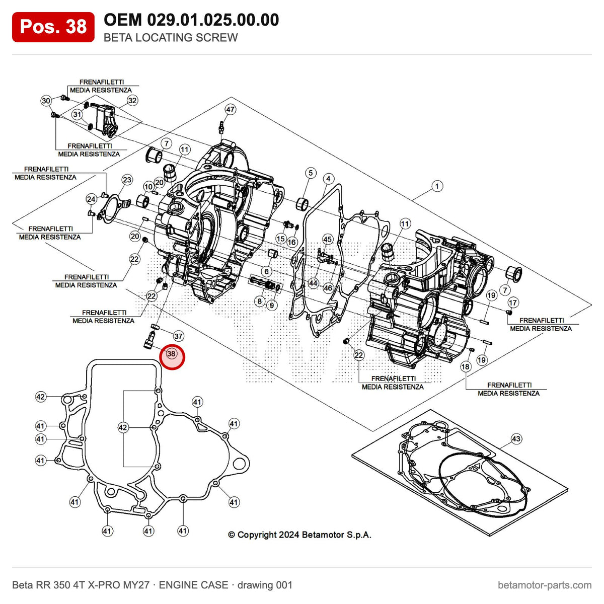 BETA LOCATING SCREW – OEM 029.01.025.00.00, position 38 on the Beta RR 350 4T X-PRO MY27 engine case drawing