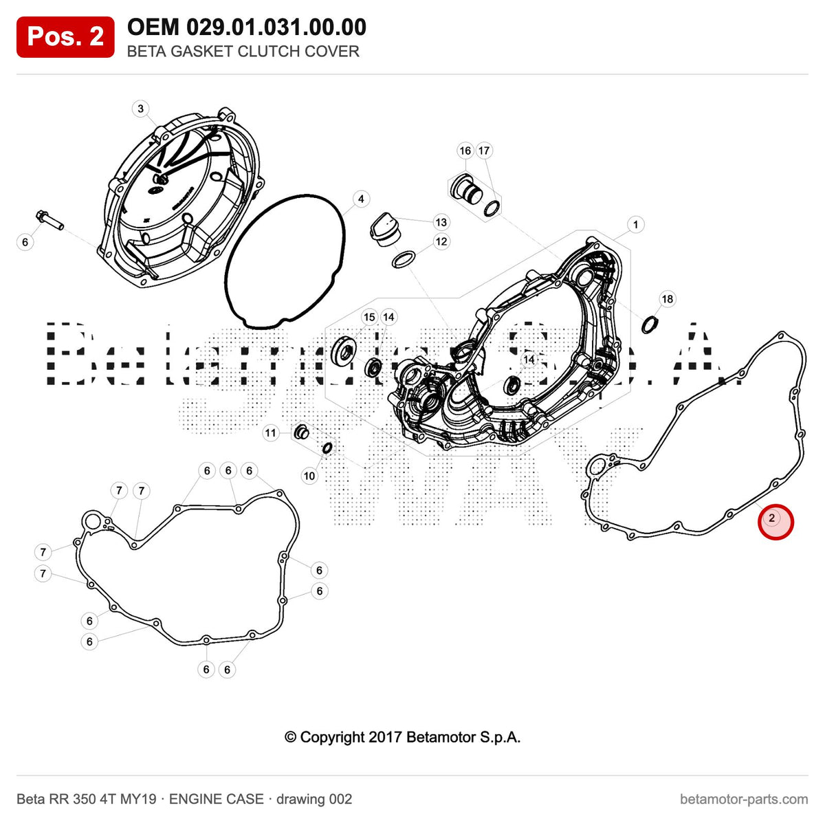 BETA GASKET CLUTCH COVER – OEM 029.01.031.00.00, position 2 on the Beta RR 350 4T MY19 engine case drawing