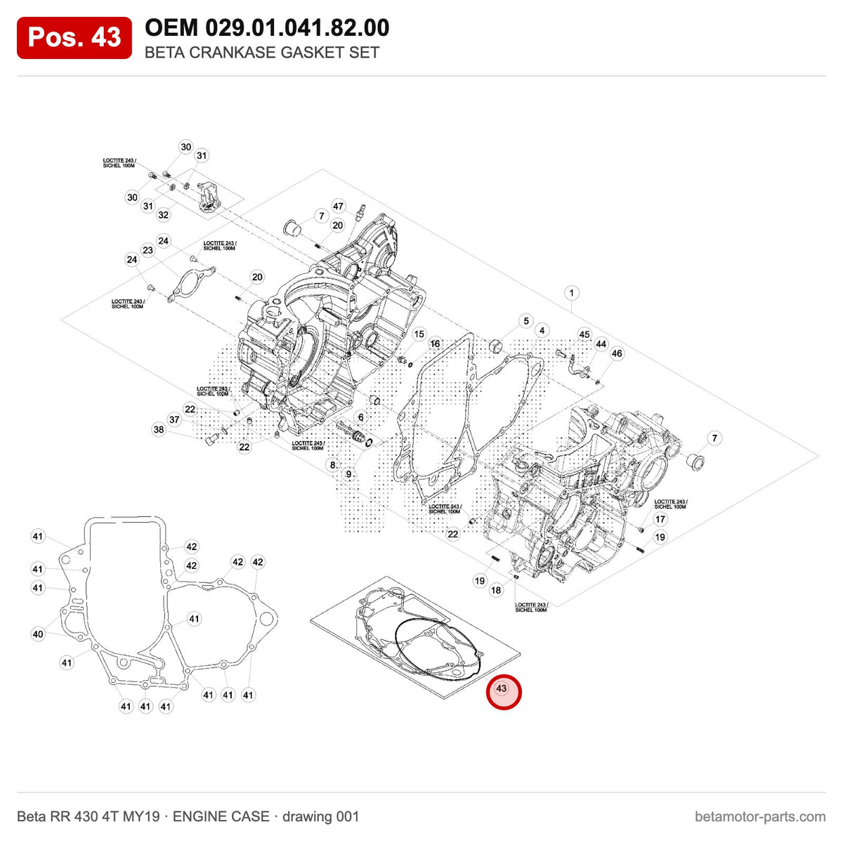 BETA CRANKASE GASKET SET – OEM 029.01.041.82.00, position 43 on the Beta RR 430 4T MY19 engine case drawing