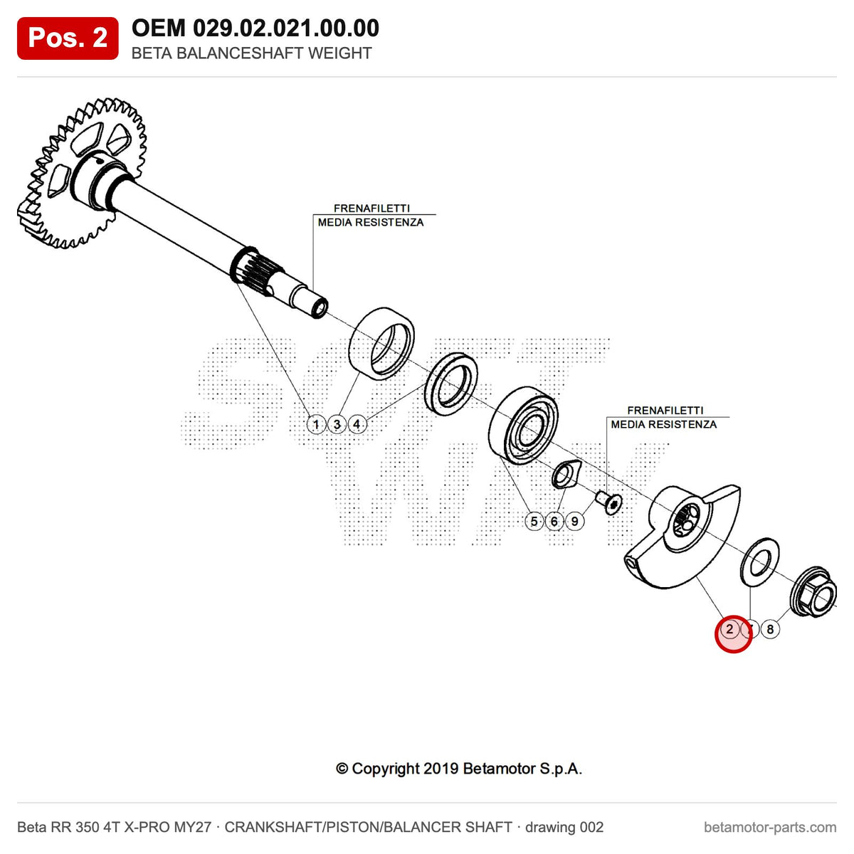 BETA BALANCESHAFT WEIGHT – OEM 029.02.021.00.00, position 2 on the Beta RR 350 4T X-PRO MY27 crankshaft/piston/balancer shaft drawing