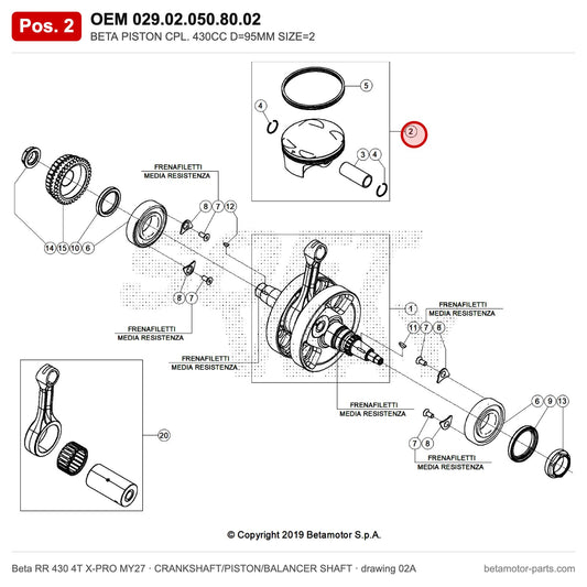 BETA PISTON CPL. 430CC D=95MM SIZE=2 – OEM 029.02.050.80.02, position 2 on the Beta RR 430 4T X-PRO MY27 crankshaft/piston/balancer shaft drawing