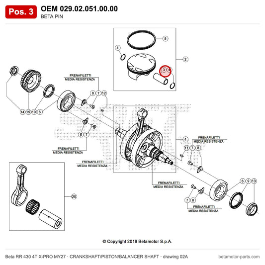 BETA PIN – OEM 029.02.051.00.00, position 3 on the Beta RR 430 4T X-PRO MY27 crankshaft/piston/balancer shaft drawing