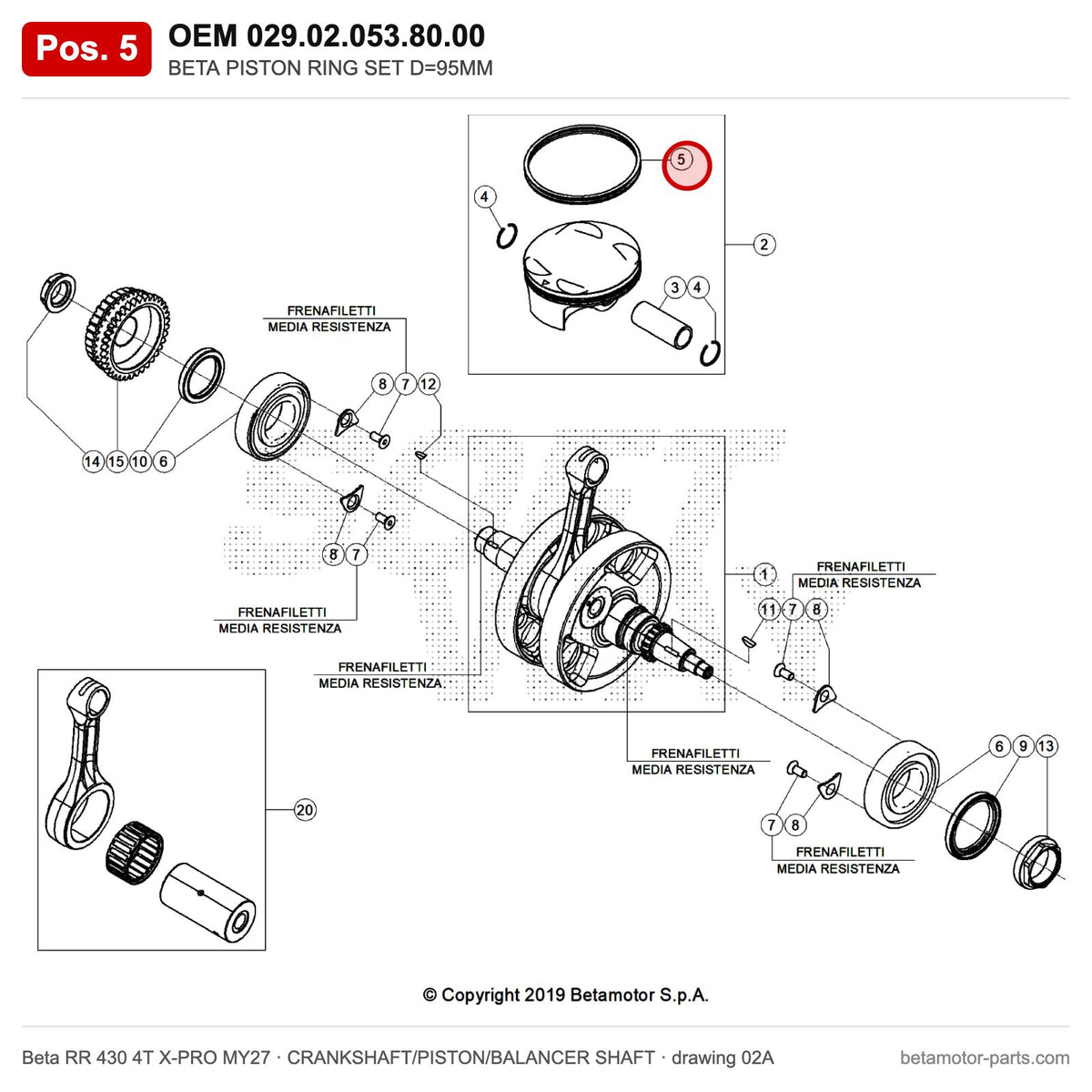 BETA PISTON RING SET D=95MM – OEM 029.02.053.80.00, position 5 on the Beta RR 430 4T X-PRO MY27 crankshaft/piston/balancer shaft drawing