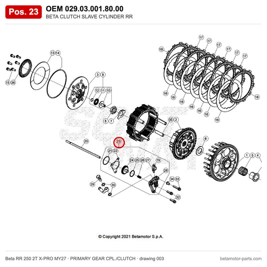 BETA CLUTCH SLAVE CYLINDER RR – OEM 029.03.001.80.00, position 23 on the Beta RR 250 2T X-PRO MY27 primary gear cpl./clutch drawing