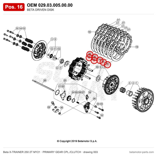 BETA DRIVEN DISK – OEM 029.03.005.00.00, position 16 on the Beta X-TRAINER 250 2T MY21 primary gear cpl./clutch drawing