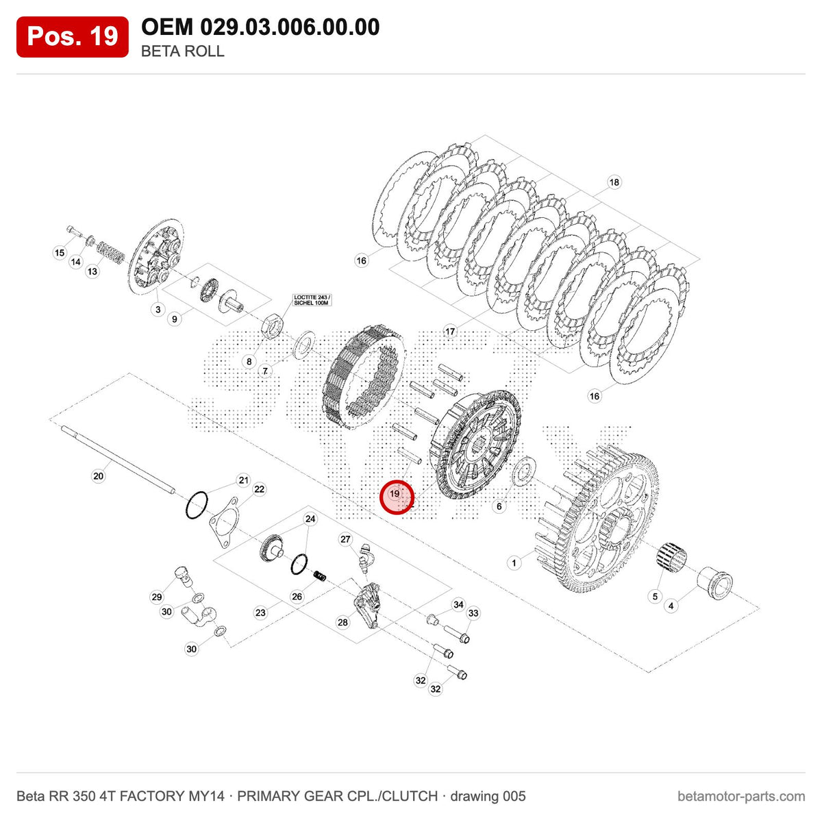 BETA ROLL – OEM 029.03.006.00.00, position 19 on the Beta RR 350 4T FACTORY MY14 primary gear cpl./clutch drawing