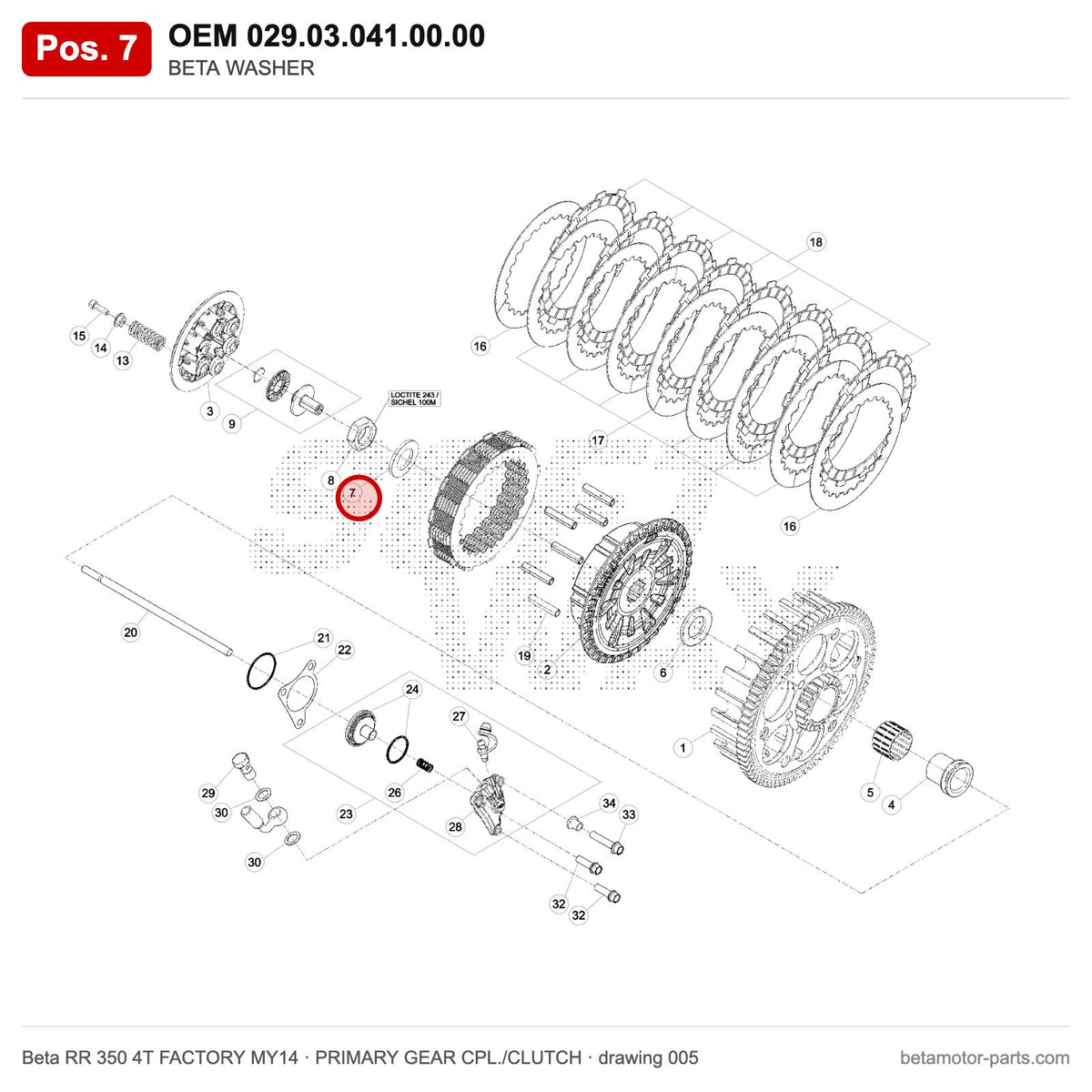 BETA WASHER – OEM 029.03.041.00.00, position 7 on the Beta RR 350 4T FACTORY MY14 primary gear cpl./clutch drawing