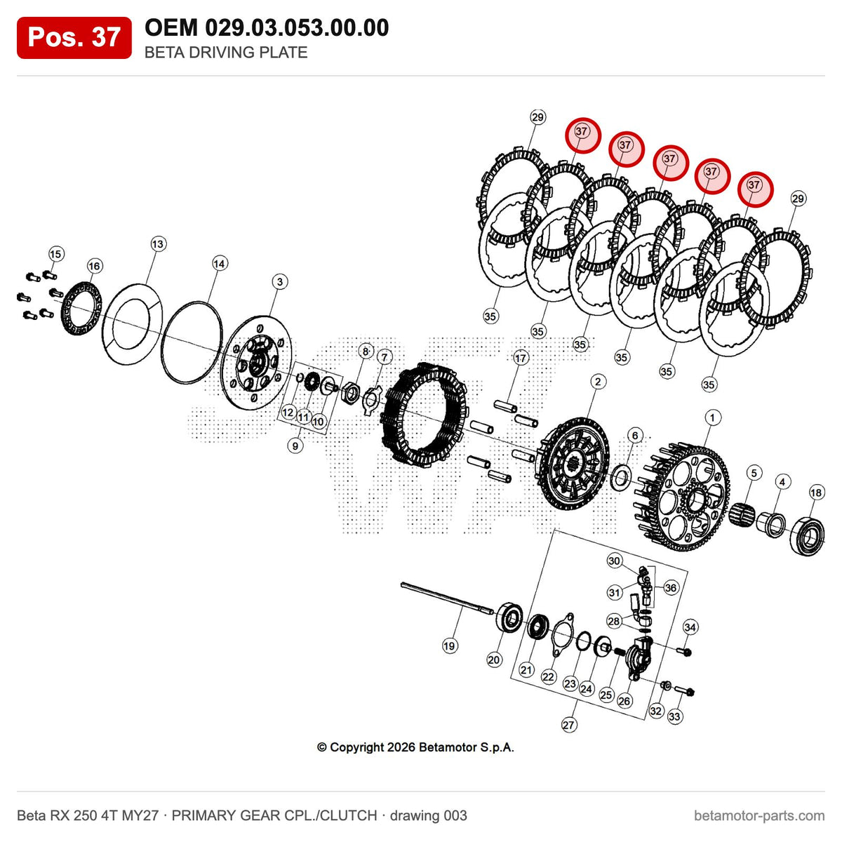BETA DRIVING PLATE – OEM 029.03.053.00.00, position 37 on the Beta RX 250 4T MY27 primary gear cpl./clutch drawing