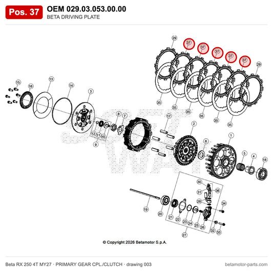 BETA DRIVING PLATE – OEM 029.03.053.00.00, position 37 on the Beta RX 250 4T MY27 primary gear cpl./clutch drawing