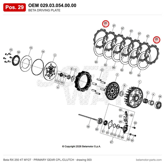 BETA DRIVING PLATE – OEM 029.03.054.00.00, position 29 on the Beta RX 250 4T MY27 primary gear cpl./clutch drawing