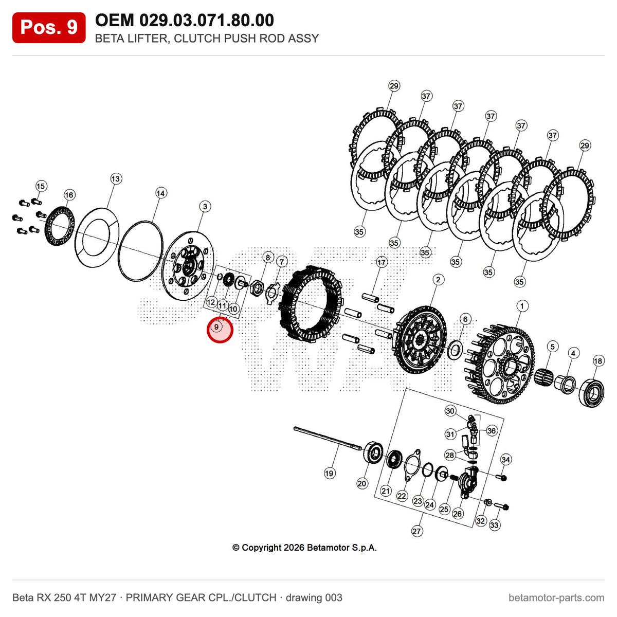BETA LIFTER, CLUTCH PUSH ROD ASSY – OEM 029.03.071.80.00, position 9 on the Beta RX 250 4T MY27 primary gear cpl./clutch drawing