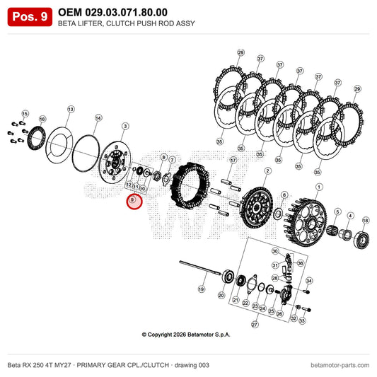 BETA LIFTER, CLUTCH PUSH ROD ASSY – OEM 029.03.071.80.00, position 9 on the Beta RX 250 4T MY27 primary gear cpl./clutch drawing