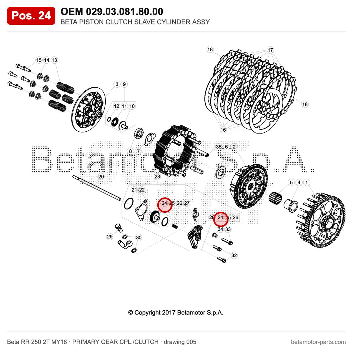 BETA PISTON CLUTCH SLAVE CYLINDER ASSY – OEM 029.03.081.80.00, position 24 on the Beta RR 250 2T MY18 primary gear cpl./clutch drawing