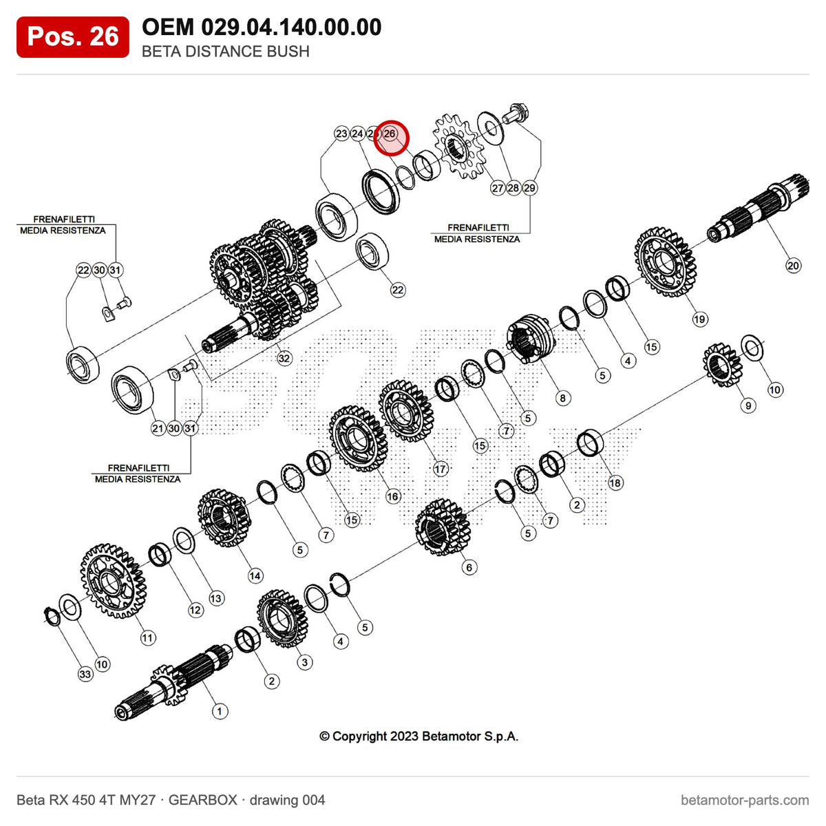 BETA DISTANCE BUSH – OEM 029.04.140.00.00, position 26 on the Beta RX 450 4T MY27 gearbox drawing